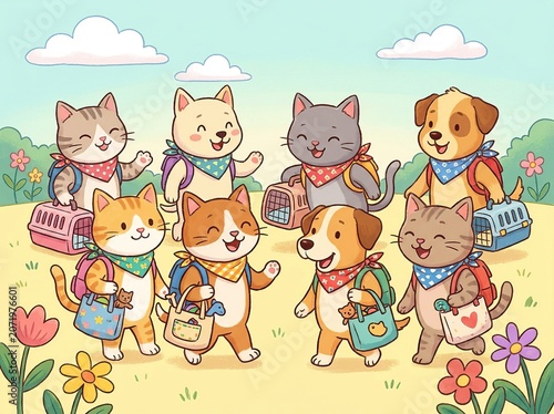 Adorable Group of Cats and Dogs with Pet Carriers in Colorful Outdoor Park Scene