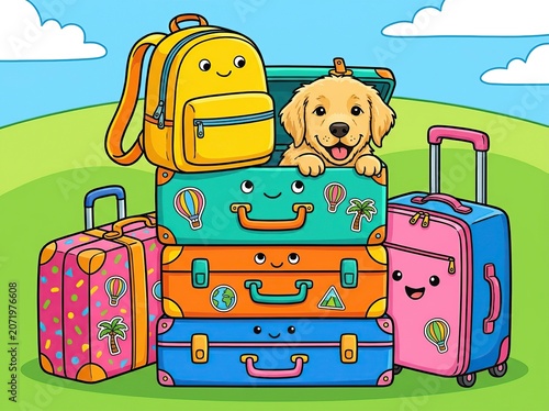 Colorful Cartoon Puppy Surrounded by Luggage Traveling with Suitcases and Backpack