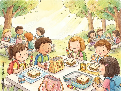 Colorful Children's Picnic Outdoor Lunch Scene with Smiling Kids Eating Sandwiches and Drinking Juice