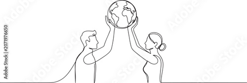 Foto Single continuous line drawing a man and a woman hold up a globe together with both hands