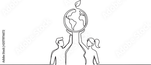 Quadro su tela Single continuous line drawing a man and a woman hold up a globe together with both hands