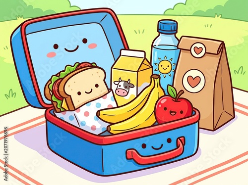 Cute Smiling Lunchbox Filled with Sandwich Banana Apple Milk and Snacks in Outdoor Park Setting