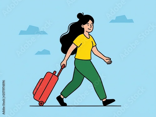 Young Woman Walking with Red Suitcase in Casual Clothing Outdoors
