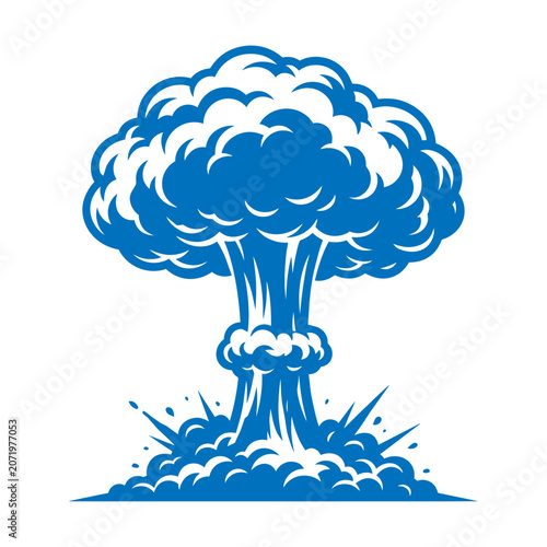 Quadro em tela A massive blue mushroom cloud rises rapidly from an explosion on the ground