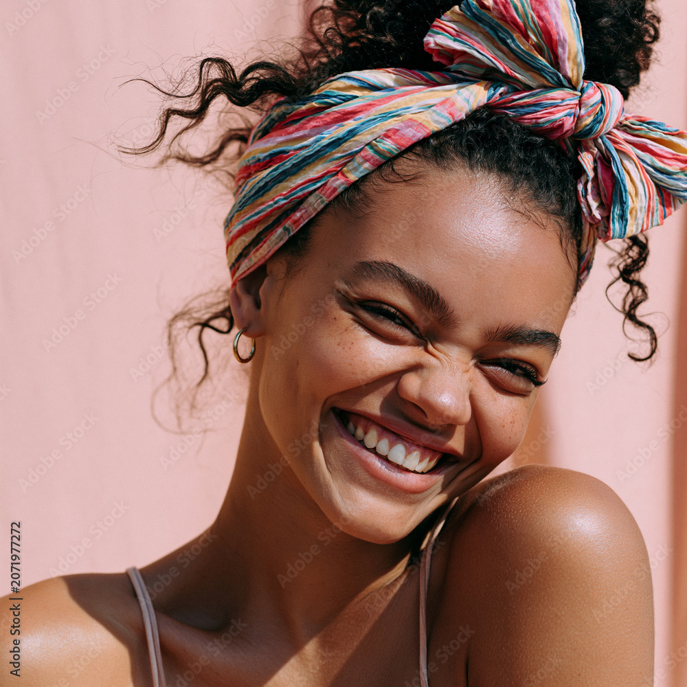 Naklejka premium young black woman smiling over shoulder with colorful headband, cheerful african woman with natural curly hair and playful smile, confident young woman wearing striped headband and gold hoop earrings