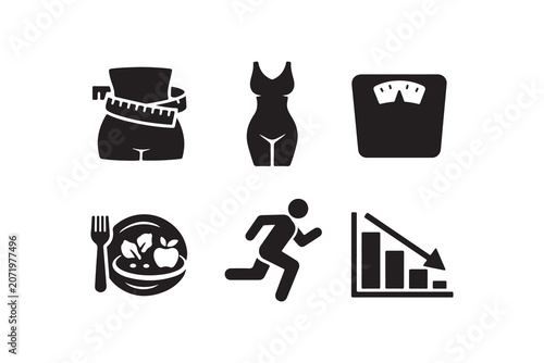 Set of black fitness and healthy lifestyle icons for weight loss and dieting programs now.