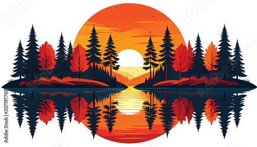 Illustration of trees by water.