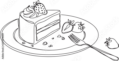 Canvastavla Single line drawing of a slice of strawberry shortcake with missing slice on a p