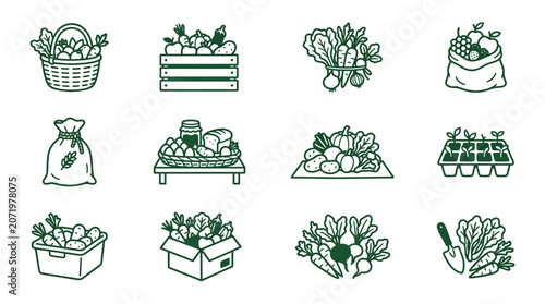 Flat minimal vector icon set of 12 small-scale farm products: hand harvest basket, small crate, fresh vegetables, fruit bundle, grain sack, home farm produce, local harvest pile, seed tray