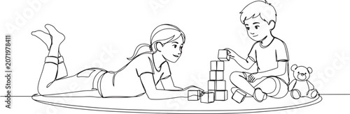 Fotografía Single one line drawing a babysitter is lying on the floor accompanying a boy playing with building blocks
