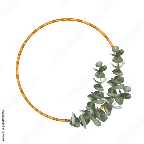 Wooden wreath with elegant Eucalyptus branches , Hand painted watercolor botanical Frame on White background