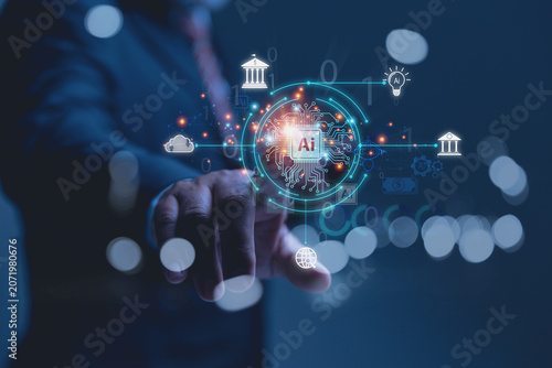Business Executive Activating Centralized AI Fintech Network Interface.