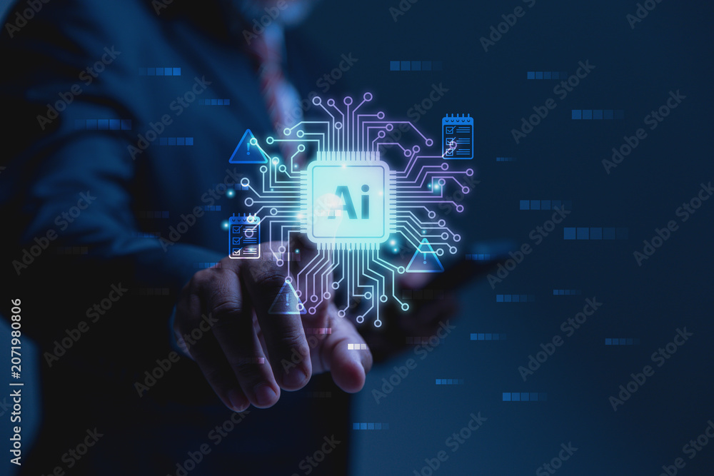 Fototapeta premium Business Professional Interacting with Advanced Artificial Intelligence Circuitry.