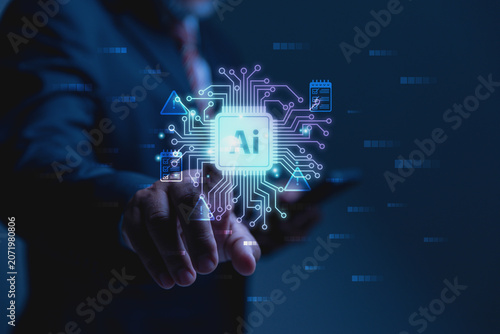 Business Professional Interacting with Advanced Artificial Intelligence Circuitry.