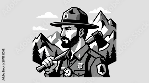 Tableau sur toile Forest ranger with axe and mountains