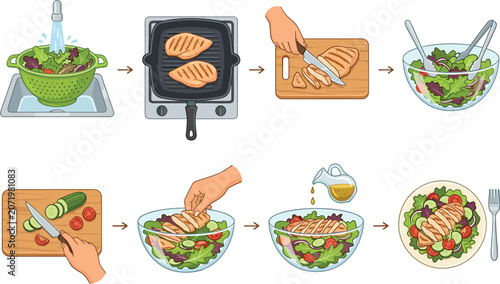 Bild auf Leinwand Healthy Grilled Chicken Salad Cooking Recipe Steps Vector Illustration with Hand