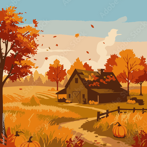 Autumnal countryside scene with rustic barn and golden wheat fields. Tranquil fall landscape with vibrant colors and a picturesque barn.