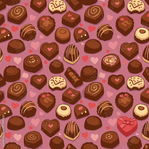 Chocolate assortment seamless pattern with hearts on a pink background. Various types of chocolates are displayed in a repeating pattern with different shapes, decorations, and colors.