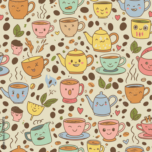 Cute coffee cups and teapots in a playful pattern on a beige background. A whimsical collection of smiling coffee cups and teapots with scattered coffee beans and leaves.