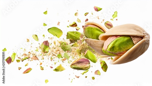 Pistachio Crumbs Explosion Levitating Peeled Pistachio Pieces Shattering Isolated On White Background Falling Pistachio Nut Chunks Shavings And Crumbsn