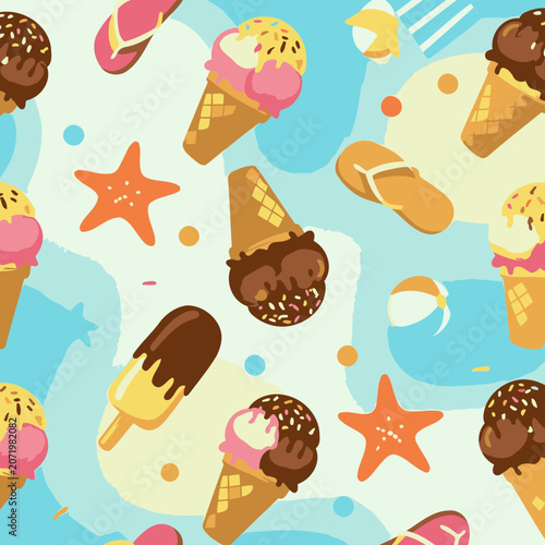 Colorful summer ice cream treats, beach toys, and starfish, all in a repeating pattern, perfect for children's media, or food advertising.