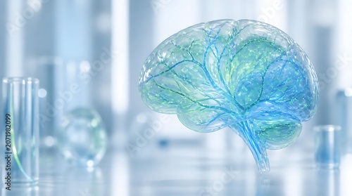 Abstract 3D Rendering of a Translucent Human Brain in a Laboratory Setting.