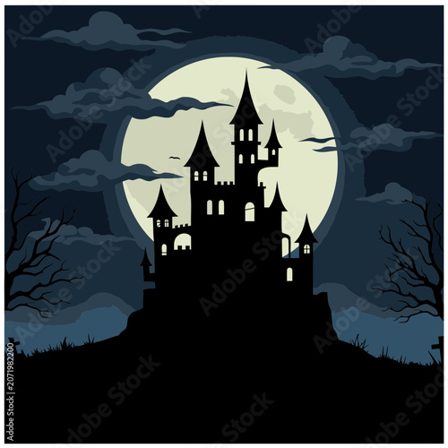 Silhouette of a gothic castle at night under a full moon with dark clouds and trees. Silhouette of a haunted castle in a spooky landscape.