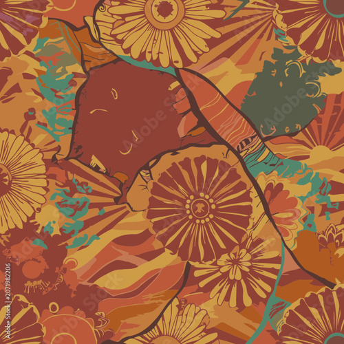 Ornate floral pattern with warm earth tones and detailed, decorative elements. Abstract design with layered textures and a whimsical aesthetic.