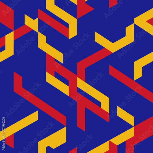 Geometric abstract pattern in red and yellow on a navy blue background. Dynamic shapes and lines create a visually striking design.
