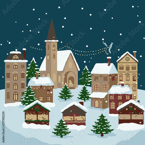 Snowy Christmas village scene with illuminated buildings and Christmas trees. Cozy night-time view of a festive European village with decorated homes and market stalls.
