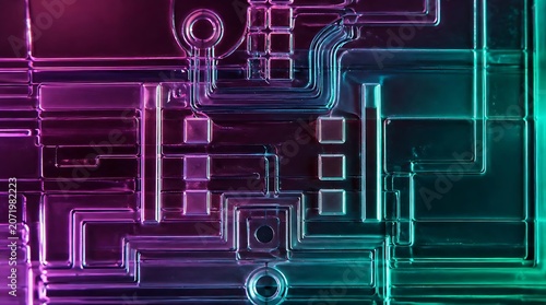 Abstract Futuristic Circuit Board Pattern with Neon Glow.