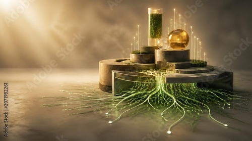 Abstract Futuristic Podium with Glowing Roots and Green Elixir.