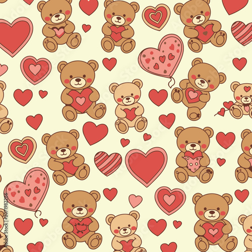 Cute teddy bears with hearts in a seamless pattern. Adorable cartoon bears holding hearts on a light yellow background with various hearts and balloons.