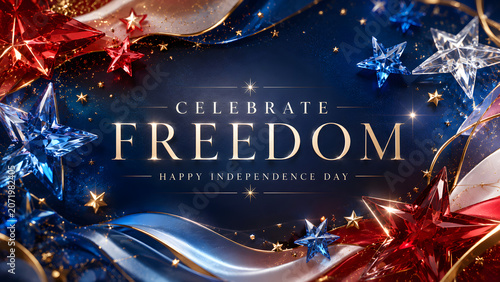 A festive Independence Day background featuring elegant gold lettering, sparkling red and blue crystal stars, and flowing ribbons on a deep blue backdrop.
