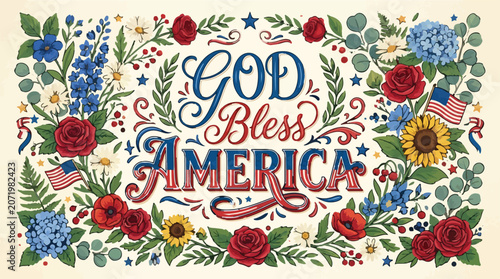 patriotic floral wreath, God Bless America, 4th of July decoration, American flag flowers