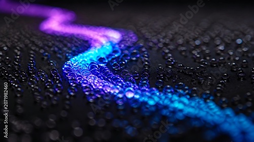 Abstract Winding Path of Neon Blue and Purple Light Trails on Dark Textured Surface.