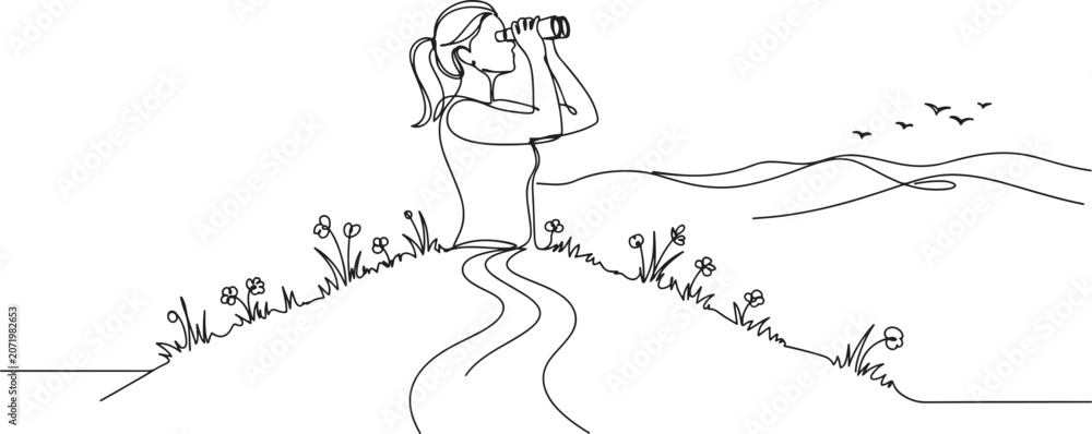 Fototapeta premium Single continuous line drawing girl looking in distance with binoculars. Enjoy beauty of nature as far as the eye can see.one line vector illustration with white background