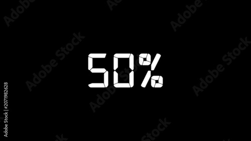 Count down from 0 to 100% numbers animation. 0 to 100 percent text animation on black background.