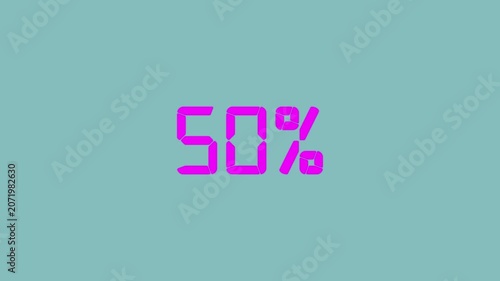 Count down from 0 to 100% numbers animation. 0 to 100 percent text animation on blue background.