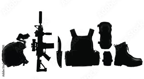 Konstfotografi Military Equipment Collection In Black Silhouette assault