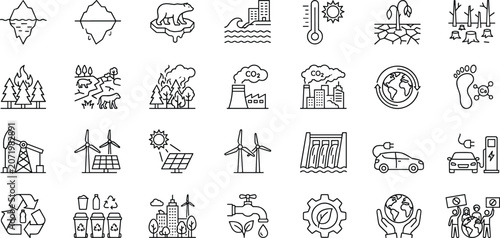 Climate change line icon set featuring global warming crises renewable energy infrastructure and green sustainability activism