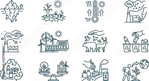 Black ecology icons bundle with melting iceberg carbon emissions waste recycling nature conservation and planet protection