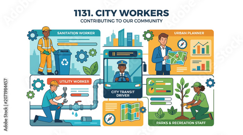 Diverse City Workers Contribute to Community Services: Sanitation, Transit, Urban Planning, Utilities, Parks