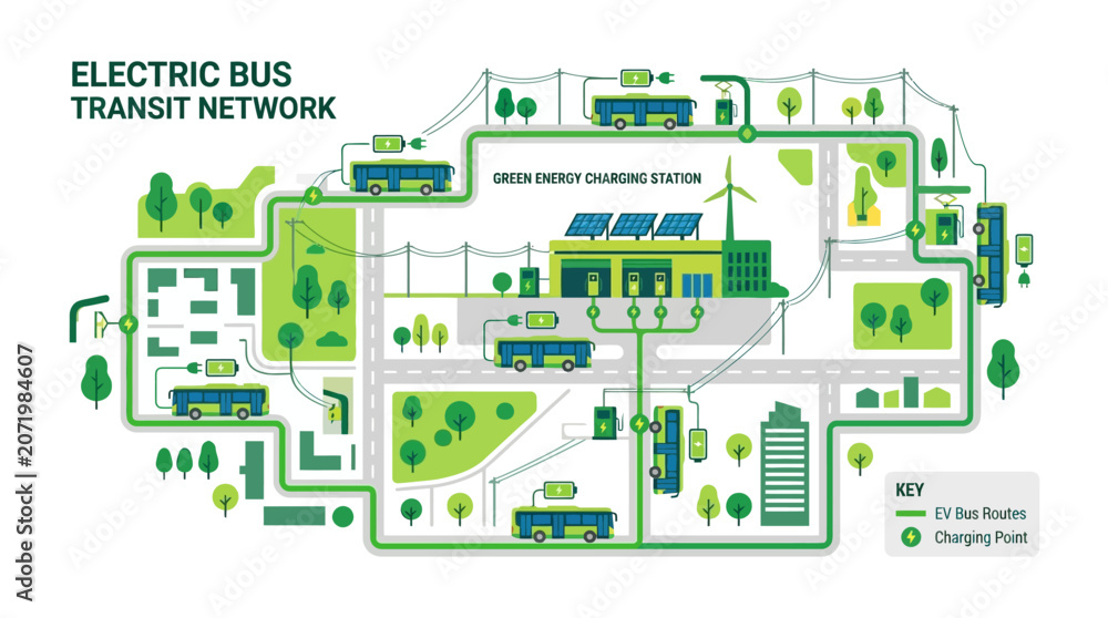 Fototapeta premium Electric Bus Transit Network Map with Charging Stations and Green Energy