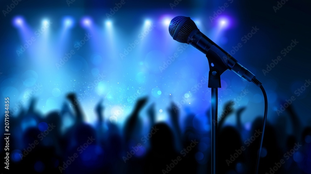 Obraz premium A microphone with blurred people silhouettes stand with raised hands, orange spotlight on the stage, concert atmosphere, dramatic lighting, silhouettes, music event poster design, entertainment