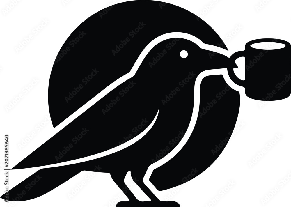 Fototapeta premium Black silhouette bird drinking from a cup isolated on transparent background creative illustration