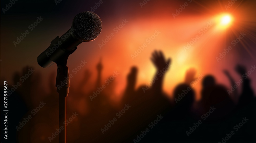 Obraz premium A microphone with blurred people silhouettes stand with raised hands, orange spotlight on the stage, concert atmosphere, dramatic lighting, silhouettes, music event poster design, entertainment