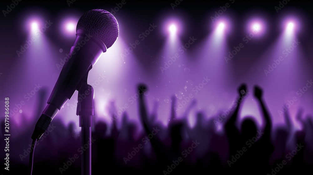 Obraz premium A microphone with blurred people silhouettes stand with raised hands, orange spotlight on the stage, concert atmosphere, dramatic lighting, silhouettes, music event poster design, entertainment