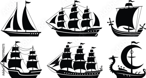 Foto Sailing ship silhouette set nautical vector icon