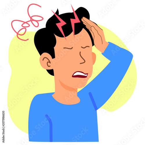 Person suffering from headache pain flat illustration for migraine and health awareness